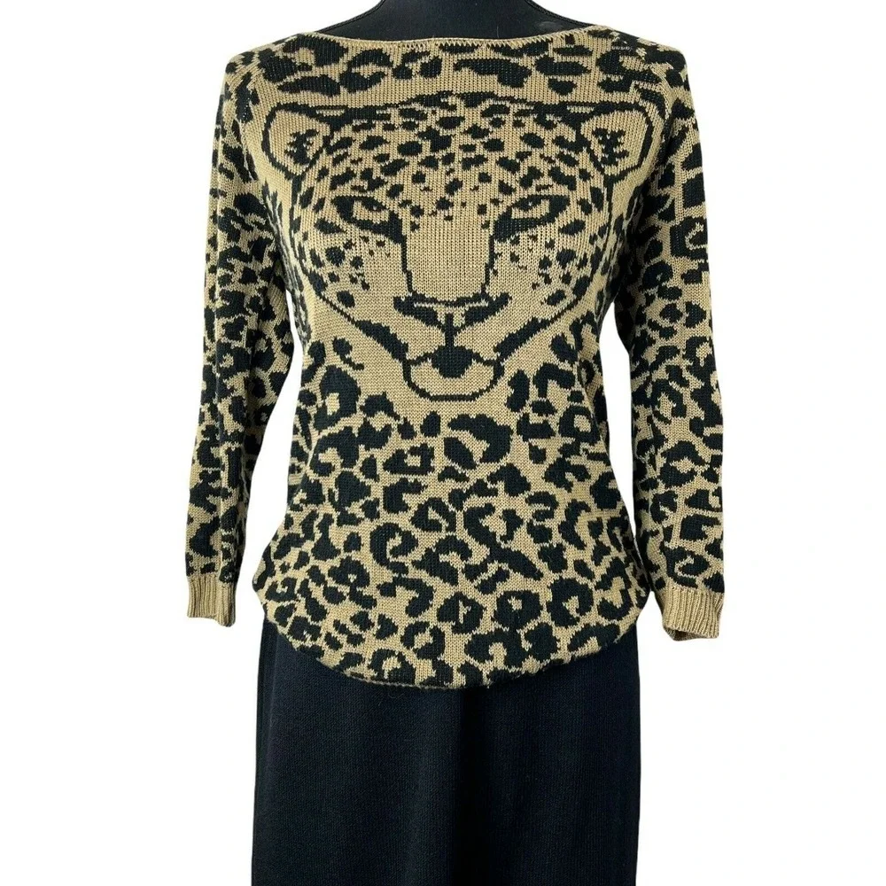 Cotton Emporium Women's Sweater Leopard Print Cheetah Knit Tan Black Small‎